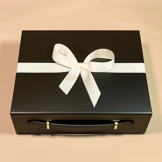 Luxury black magnetic gift box with fragrance products and Ferrero Rocher chocolates