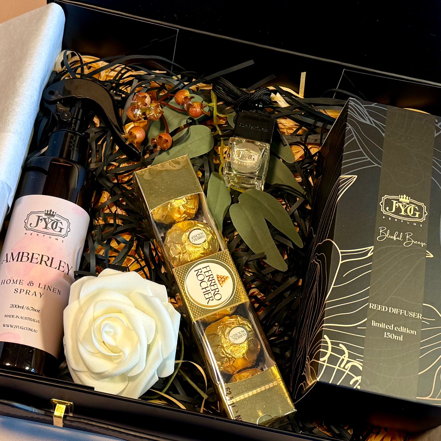 Small gift hamper with satin ribbon and floral decoration - perfect for weddings