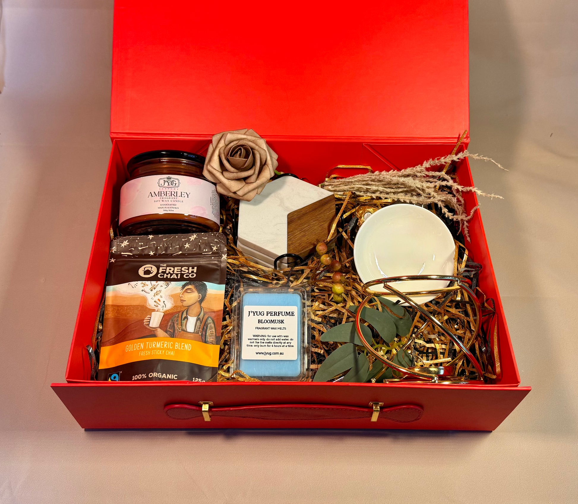 Big Magnetic Gift Box Luxe Edition with candle, wax melter, chai and coasters by J'YUG