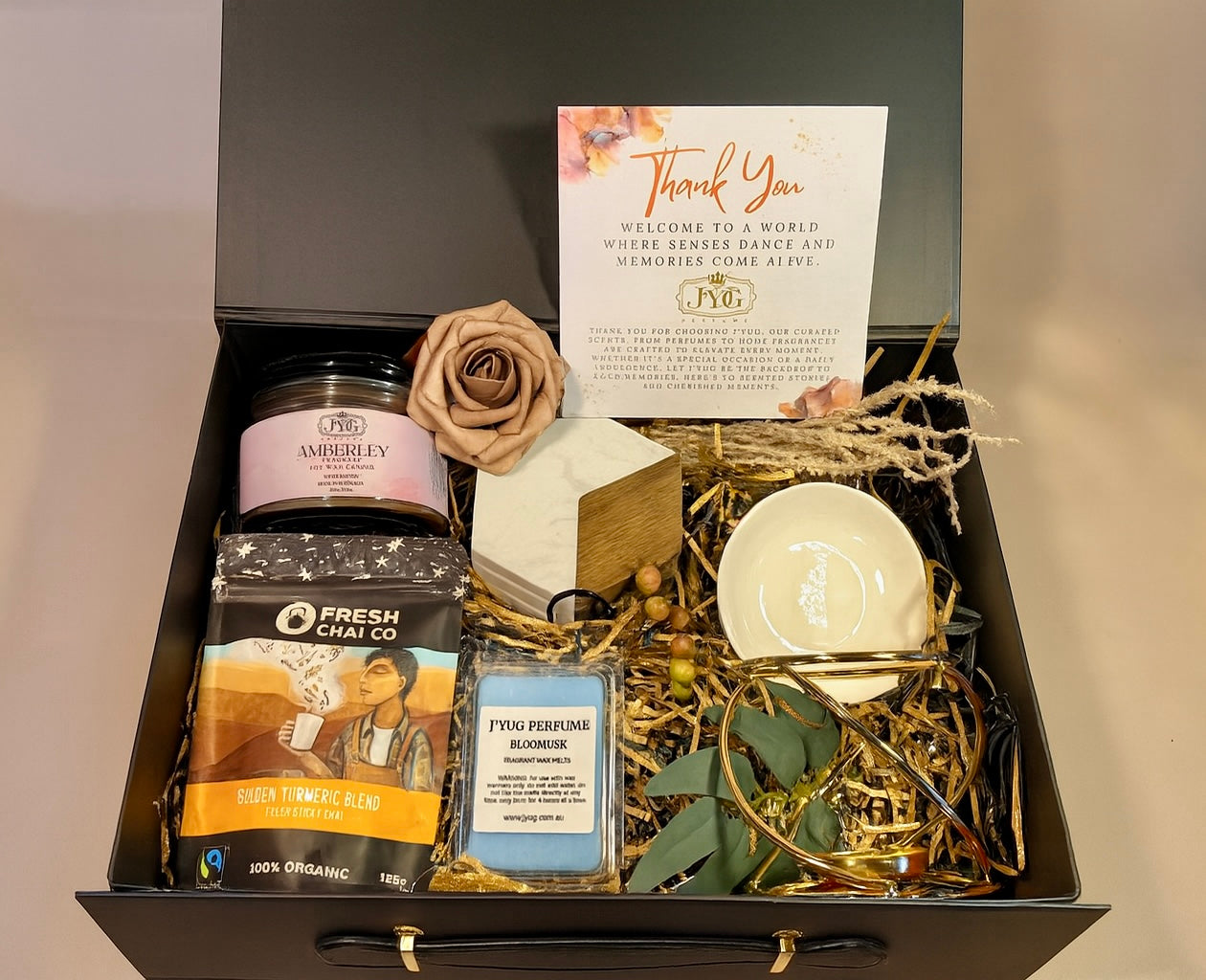 Luxe Edition gift hamper with marble coasters and organic chai - Australian-made