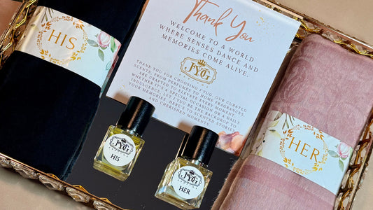 Artisanal Stole Tray with His & Her stoles and perfumes on golden tray by J'YUG Australia