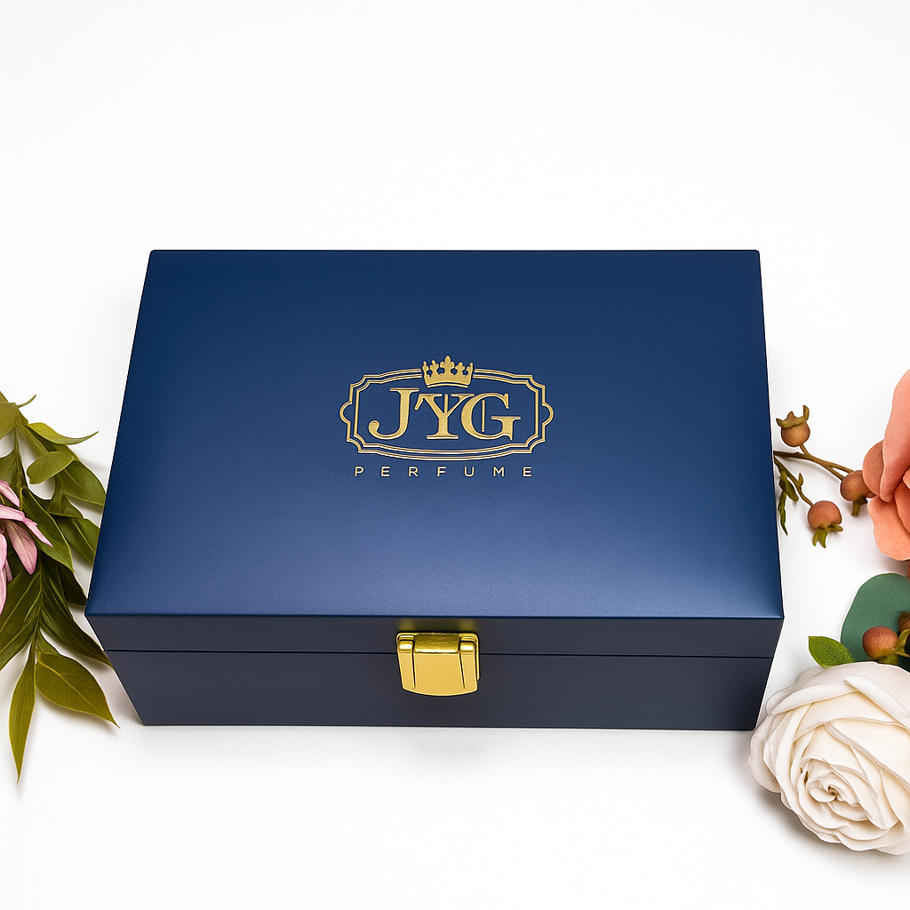 Him & Her Luxe Box wedding favor with perfumes and oils in midnight blue box by J'YUG