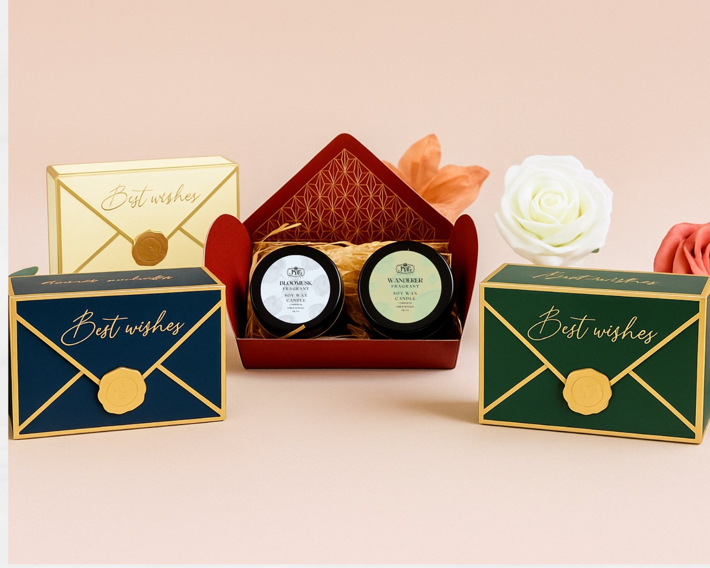 Best Wishes wedding favor with two 50g soy candles in decorative box