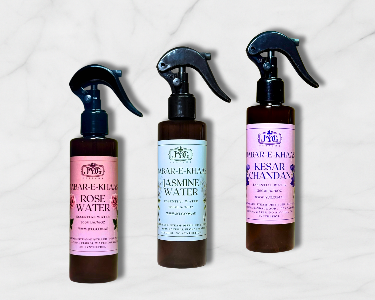 Dabar-E-Khaas Essential Floral Waters 200ml - Rose, Jasmine and Kesar Chandan by J'YUG