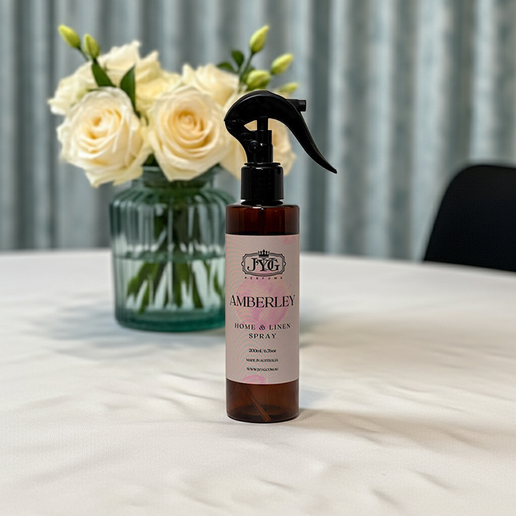 Amberley home and linen spray with saffron, jasmine and amberwood by J'YUG Australia