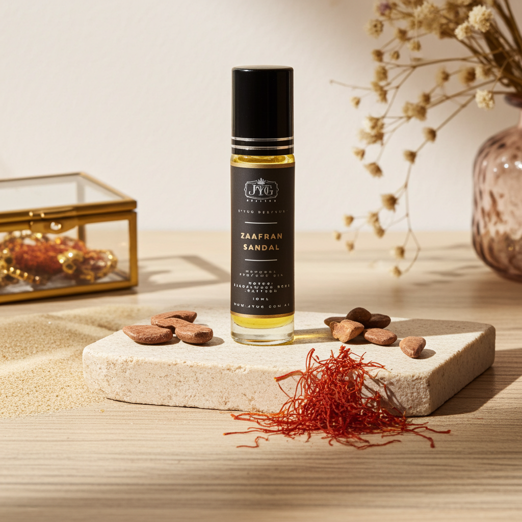 Saffron and sandalwood roll-on perfume oil for meditation and focus